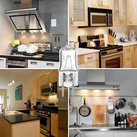 G8 BiPin 20W 120V Microwave Replacement Bulb With 3000K Light shown in various kitchen settings, night light and stove use