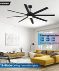 72 Inch Ceiling Fan With Light And Remote For Bedroom Living Room Library Cafe Outdoor Industrial Use 24W 3CCT Dimmable, 8 Blades, Black, installed in a modern living room interior, showcasing its design and functionality.