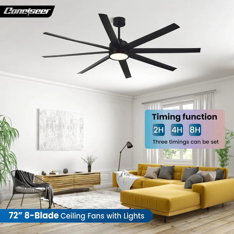 72 Inch Ceiling Fan With Light And Remote For Bedroom Living Room Library Cafe Outdoor Industrial Use 24W 3CCT Dimmable, 8 Blades, Black, installed in a modern living room interior, showcasing its design and functionality.
