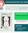 Instructional guide on measuring wall plate size before ordering, featuring standard and midsize options for duplex receptacles.