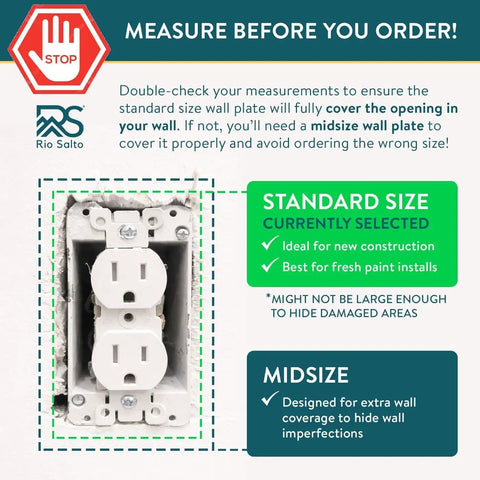 Instructional guide on measuring wall plate size before ordering, featuring standard and midsize options for duplex receptacles.