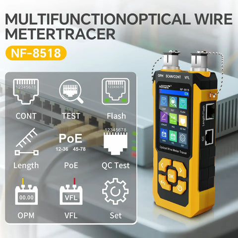 All In One Network Cable Tester With Optical Power Meter And VFL For Tech Pros, nine-function handheld yellow tester on display