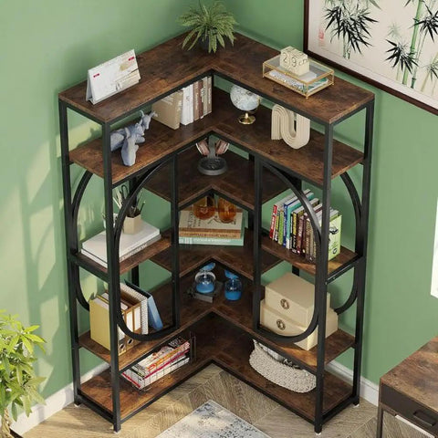 Sick Seven Tier Corner Shelving Unit For Living Room Or Office With Industrial Chic Vibe And Heavy Duty Metal Frame Engineered Wood Bookshelf For Game Changing Storage And Clean Room Setup