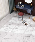 Room with white marble peel and stick floor tiles 12x12 inch waterproof vinyl flooring for budget friendly easy DIY install