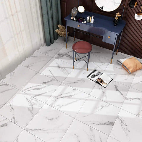 Room with white marble peel and stick floor tiles 12x12 inch waterproof vinyl flooring for budget friendly easy DIY install