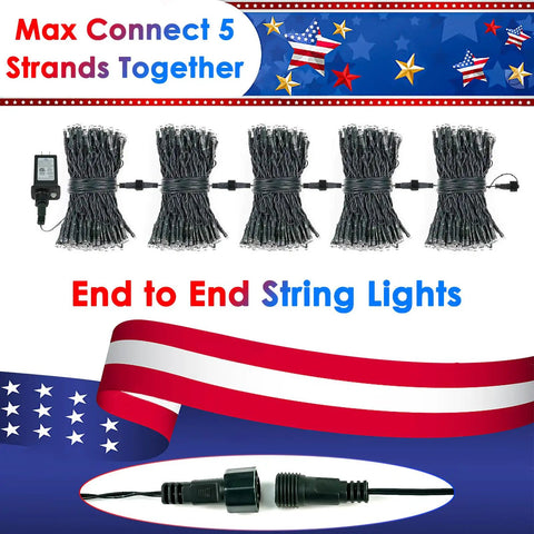 5 bundled sets of 4Th Of July 95Ft 240LED Red White And Blue String Lights with connectors and smart timer, patriotic design