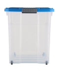 Front view of Heavy Duty Rolling Storage Bin With Secure Lid And Smooth Ride Wheels, Solid Plastic Organizer Tote For Home Or Garage, Hella Durable 80 Liter Mobile Container In Assorted Colors.