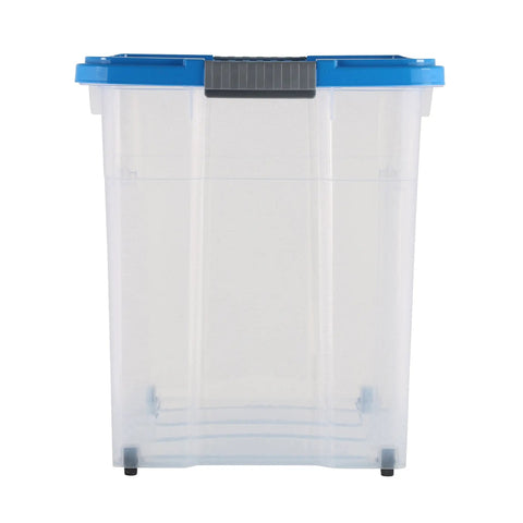 Front view of Heavy Duty Rolling Storage Bin With Secure Lid And Smooth Ride Wheels, Solid Plastic Organizer Tote For Home Or Garage, Hella Durable 80 Liter Mobile Container In Assorted Colors.
