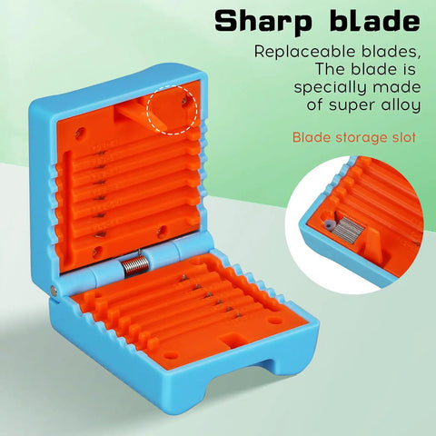 Hella Tough Fiber Optic Buffer Tube Stripper For Mid Span Cable Cutting And No Sweat Optical Wire Stripping Tool With Adjustable Diameter Grooves and sharp blade storage open.