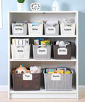 Shelves with labeled baskets using Erasable Label Holders Kit With 20 White PVC Bin Clips And 2 Chalk Markers For Super Easy Labeling.