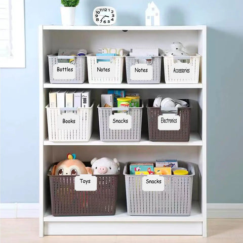 Shelves with labeled baskets using Erasable Label Holders Kit With 20 White PVC Bin Clips And 2 Chalk Markers For Super Easy Labeling.