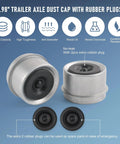 Trailer Axle Dust Cap Cup Grease Cover Hub Kit With 2 Rubber Plugs 1.98 Inch Diameter, shown with benefits icons