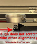 Professional Table Saw Alignment Gauge Pins Blade And Fence Square And True For Miter Slot Calibration view with dial gauge near saw blade.