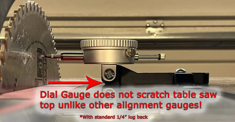 Professional Table Saw Alignment Gauge Pins Blade And Fence Square And True For Miter Slot Calibration view with dial gauge near saw blade.