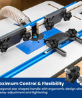 ZIUZI 10-set 1/4-20 T-track knob kit with star knobs installed on blue aluminum T-track woodworking jig