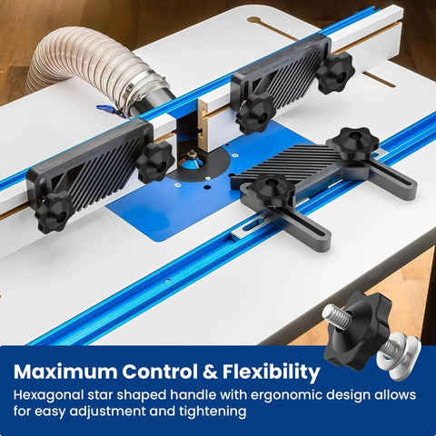 ZIUZI 10-set 1/4-20 T-track knob kit with star knobs installed on blue aluminum T-track woodworking jig