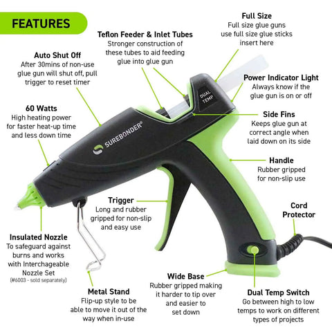 Auto Shut Off Hot Glue Gun Dual Temperature Full Size 60W Craft And DIY Power Tool With 1.5X More Heat Easy Adjust Temp