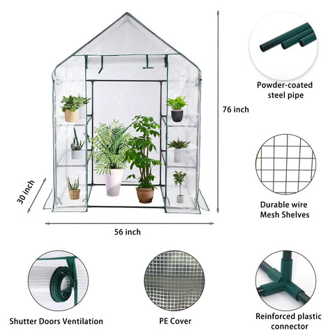 Portable Walk In Greenhouse For Outdoors With Roll Up Zipper Door And UV Resistant Cover Three Tier Shelving Anchors Easy Setup Keeps Ideal Heat And Humidity For Extending Your Growing Season