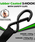Hella Tough No Hassle Auto Retract Tie Down Straps Heavy Duty Retractable Ratchet Cargo Belt 1 Inch By 10 Feet 4 Pack showing rubber coated S-hooks with safety clips.