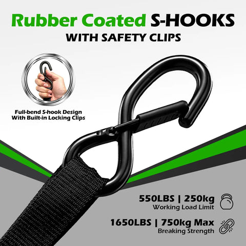 Hella Tough No Hassle Auto Retract Tie Down Straps Heavy Duty Retractable Ratchet Cargo Belt 1 Inch By 10 Feet 4 Pack showing rubber coated S-hooks with safety clips.