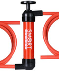 SMART JERRY fluid transfer hand pump with orange body and two red hoses, front view.