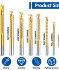 Top Shelf Eight Piece HSS Step Drill Bit Set With Titanium Coating And Hex Shank For No Sweat Serrated Side Cutting From Three To Ten Millimeters, product size display of drill bits.
