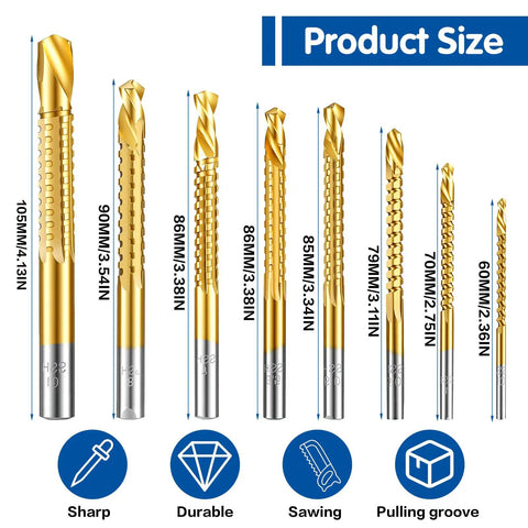 Top Shelf Eight Piece HSS Step Drill Bit Set With Titanium Coating And Hex Shank For No Sweat Serrated Side Cutting From Three To Ten Millimeters, product size display of drill bits.