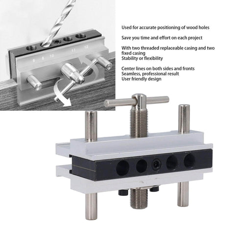 Self Centering Doweling Jig Kit With Adjustable Width Drilling Guide And Six Bushings, Universal Wood Thickness Range 0.4 To 2.4 Inches, Compatible With 6, 8, 10 And 12 Mm Dowels, Silver Finish.