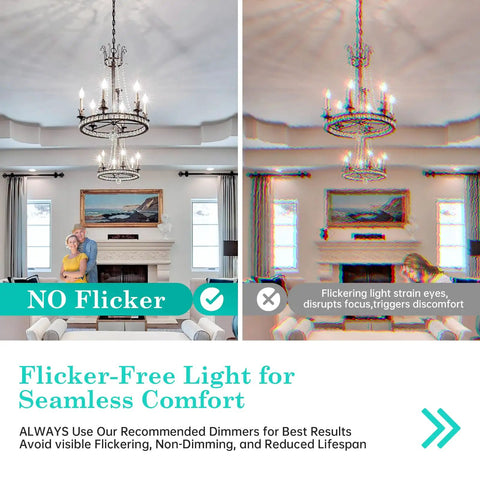 E12 LED Candelabra Bulb 5000K Daylight Dimmable 40W Equivalent Frosted Finish in chandelier comparison, flicker vs no flicker.