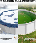 Heavy Duty 18 Ft Round Winter Pool Cover For Above Ground Pools In Navy Blue, showcasing snow and falling leaves.