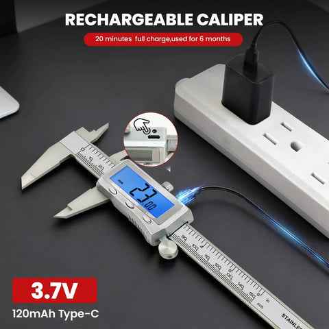 Charging Six Inch Digital Caliper with Rechargeable Battery Backlit LCD Screen Stainless Steel Measuring Tool for DIY Use