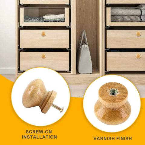 Eight Pcs Natural Wood Dresser Knobs Round Mushroom Cabinet Knobs For Drawers And Cupboards One Inch Diameter Seven Eighths Inch Height With M4x25mm Screws Smooth Rustic Pulls For Furniture Makeovers, showing a close-up of a knob next to drawers