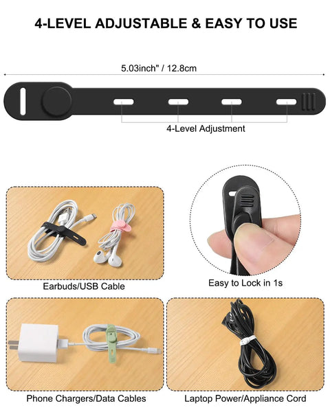 Reusable Silicone Cable Ties For Easy Cable Organization, Soft Cord Bundlers For USB Cables And Kitchen Appliances, Adjustable Wire Management Straps With Secure Buckle, Multicolor Travel Tech Essentials image showing product dimensions and applications.