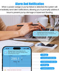 Smartphone displaying WiFi Sump Pump Monitor And Alarm with real-time status alerts on table, focus on alert message