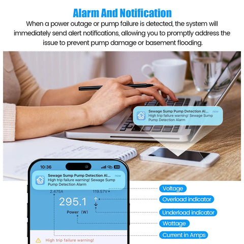 Smartphone displaying WiFi Sump Pump Monitor And Alarm with real-time status alerts on table, focus on alert message