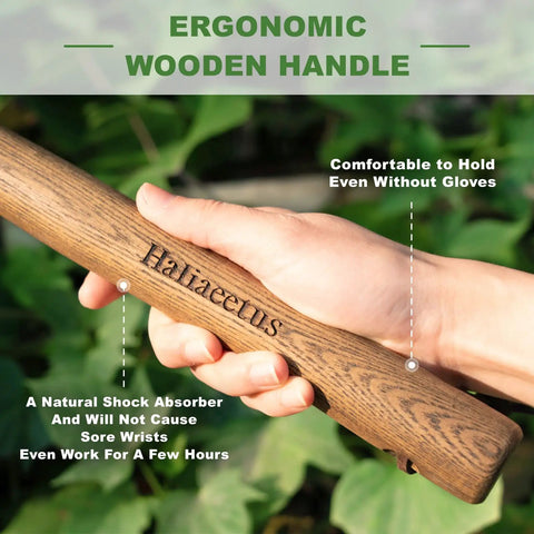 Ergonomic wooden handle of 16.8 Inch Stirrup Hoe For Precise Raised Bed Weeding, Oscillating Push Pull Hula Hoe In Stainless Steel For Between Plants