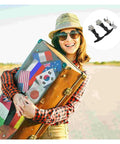 Beefy Heavy Duty Stainless Steel T Handle Draw Latches Two Pack shown beside a person holding a travel trunk with stickers.