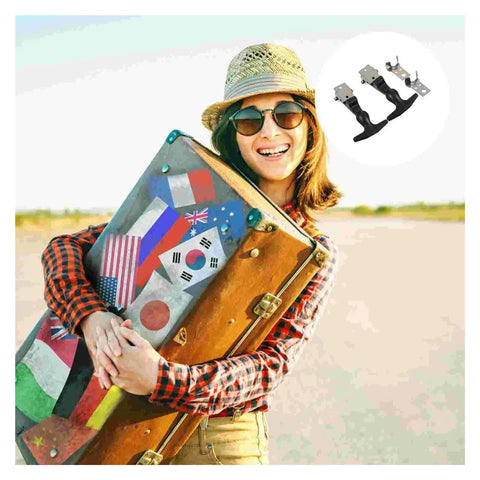 Beefy Heavy Duty Stainless Steel T Handle Draw Latches Two Pack shown beside a person holding a travel trunk with stickers.