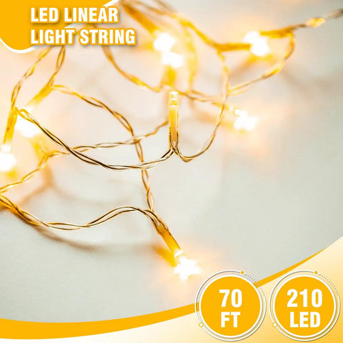 Warm White LED String Lights 70 Ft Waterproof and Connectable for Indoor and Outdoor Holiday Decor with soft glow