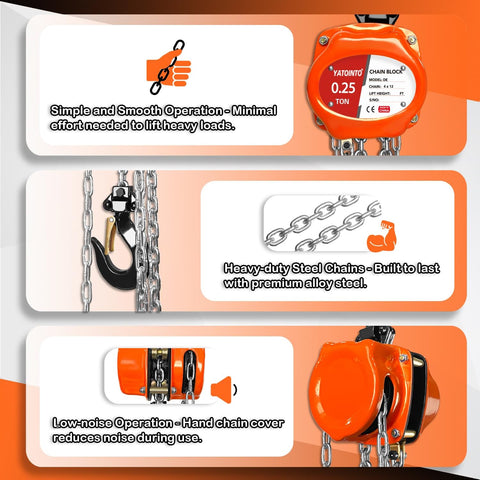 Portable Mini Manual Chain Hoist Quarter Ton 550 Lbs Capacity, 10 Ft Lift, 10.2 Inch Headroom, Lightweight Industrial Block