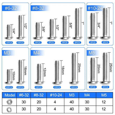 Graphic of Do-It-All 408-Piece Machine Screws Nuts And Bolts Set In 304 Stainless Steel with sizes 6-32, 8-32, 10-24, M3, M4, M5