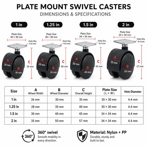 Four Pack Plate Mount Swivel Casters 360 Degree Wheels For Cabinets Carts Storage Racks And Small Furniture table of dimensions