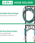 Rugged Garden Hose Holder With Four Spikes And Tool Hooks Built Tough Heavy Duty Hose Reel Stand Holds Up To 160 Foot Hose, black metal stand with hose and tools displayed.
