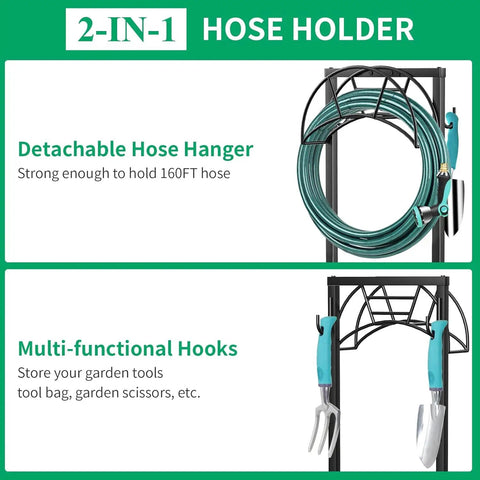 Rugged Garden Hose Holder With Four Spikes And Tool Hooks Built Tough Heavy Duty Hose Reel Stand Holds Up To 160 Foot Hose, black metal stand with hose and tools displayed.