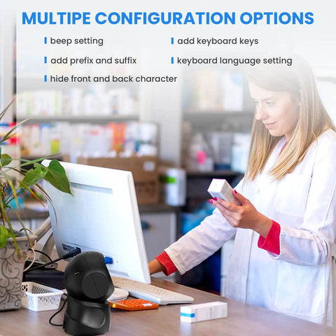Hands Free 2D Barcode Scanner With USB Desktop Connection Omnidirectional QR Code Reader in use at retail checkout