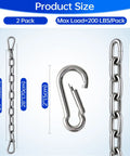 Heavy Duty Two Pack Stainless Steel Gate Chain Lock Built Tough As Nails With Rust Resistant Carabiners for secure farm yard perimeter control, dimensions shown.