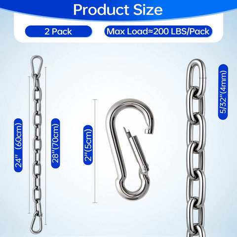 Heavy Duty Two Pack Stainless Steel Gate Chain Lock Built Tough As Nails With Rust Resistant Carabiners for secure farm yard perimeter control, dimensions shown.