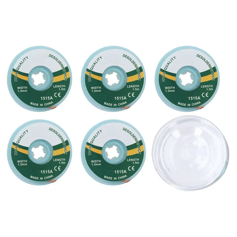Six rolls of Pro Grade Copper Solder Wick Desoldering Wick 1.5mm Wide By 1.5m Long Alloy Copper Braid with storage box, for PCB repair.