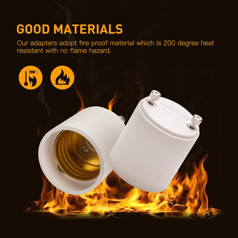 GU24 To E26 E27 Adapter Pack 15 Pack Heat Resistant Up To 392F Converts GU24 Bi Pin Fixtures To Standard E26 E27 Medium Screw In Sockets White Easy Home Lighting Retrofit, shown with fireproof material on flame background