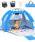 Child enjoying splash pool in All In One Beach Tent With Solar Cooling Fan For Babies And Toddlers Anti UV Sun Shelter Portable Travel
